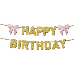 Bow Happy Birthday Banner,Birthday Party Decoration, 21st Birthday Supplies,Handmade - Gold Glitter