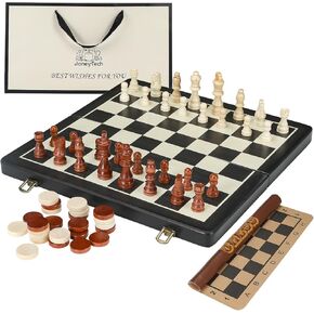 16" Wooden Chess Set,2 in 1 Folding Magnetic Chess Checkers Set with Portable Travel Roll up Chess Board Games for Adults Kids Gift