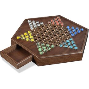 Chinese Checkers Set, 15 Inch Wooden Checkers Board Game with 60+12 Colorful Glass Marbles Fun Family Chinese Checkers Game for 2-6 Players