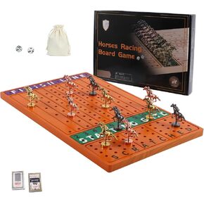 Horse Racing Board Game with 11 Luxury Metal Horses Thickened Wood Game Board Including Dice and Cards Finish LINE Race Game Board