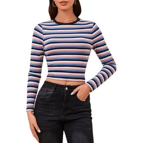 Milumia Women's Striped Rib Knit Long Sleeve Crop Tee Crew Neck Fitted T Shirts Tops