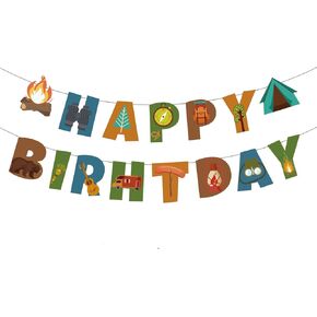 PANRRPERS Camping Happy Birthday Banner, Fun House Banner with Campfire Tent Oil Lamp Adventure Camping Boys Girls Camping Birthday Party Supplies Indoor Outdoor Home Yard Campsite Birthday Decor