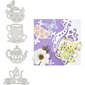 GLOBLELAND 4Pcs Metal Teapot Tea Cup Cutting Dies Tea Cup with Butterfly Stencil Template for Tea Party Invitations Scrapbook Embossing Christmas Wedding Birthday Paper Card Craft
