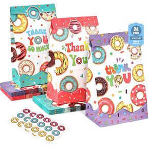 VGOODALL 24PCS Donut Party Favor Bags, Paper Gift Bags Goodie Bags with Stickers Candy Bags for Kids Birthday Party