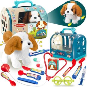 TEUVO 14Pcs Dog Toys for Girls Kids 3 4 5 6 8 Year Old, Walking Barking Electronic Interactive Stuffed Dog Plush & Carrier Accessories Pet Care Playset Grooming Toy Pretend Play Gifts for Little Girls