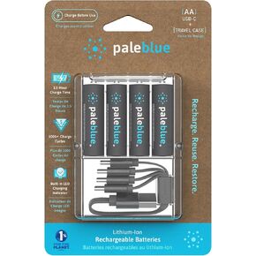 بطاريات AA قابلة لإعادة الشحن عبر USB من Pale Blue، ليثيوم أيون 1.5 فولت 1700 مللي أمبير، تشحن لمدة 1.5 ساعة، أكثر من 1000 دورة، كابل شحن 4 في 1 USB-A إلى USB-C، مؤشر شحن LED، 12 حزمة