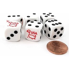 Koplow Games Set of 6 United States Patriotic USA 16mm Dice - White with Black Pips, Red USA