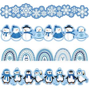 Whaline 69Ft Winter Bulletin Board Border Snowman Snowflake Rainbow Penguin Trim Border Blue and White Border Sticker for Christmas Wall Blackboard Classroom DIY Craft, 60Pcs