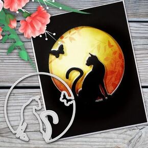 Round Moon Cat Metal Die Cuts,Cat Butterfly Flower Leaf Cutting Dies Cut Stencils DIY Scrapbooking Decorative Embossing Paper Scrapbooking Card Making, silver