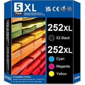 252XL Remanufactured Ink Cartridge Replacement for 252 T252XL Workforce WF-7210 WF-7720 WF-7710 WF-3640 WF-3620 WF-7620 WF-7110 (5-Pack,2 Black 1 Cyan 1 Magenta 1 Yellow)