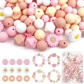 150 Pcs Boho Daisy Silicone Beads Bulk Set, 12mm & 15mm Round Beads, 14mm Hexagon Beads, 20mm Daisy Beads, 4 Colors Pink Flower Loose Silicone Focal Beads for Necklace Bracelet Pens Making