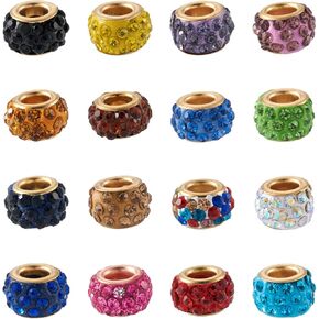 Cheriswelry 100pcs Crystal Rhinestone Pave European Beads Mixed Large Hole Rondelle Slide Charm Bracelet Snake Chain Beads with Golden Metal Core for Jewelry Making Supplies Hole: 5mm