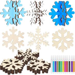 Huwena 48 Pcs Christmas Wooden Snowflakes for Crafts Bulk 3D Winter Unfinished Snowflake Tabletop Decor Wood Snowflake Cutouts Signs with 24 Colored Markers for Xmas Decorations