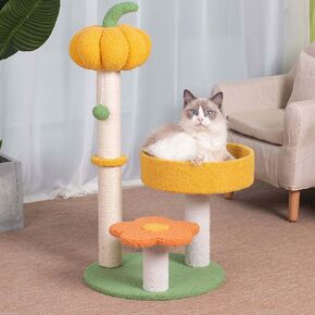 Smalll Cat Scratching Post, MODUSKYE Yellow Moon Star Cat Tree Pink Cat Bed 23.5" Cat Tower, Cat Nest with Play Toys Cozy Fluffy Kitten Climbing for Cat Indoor Activity