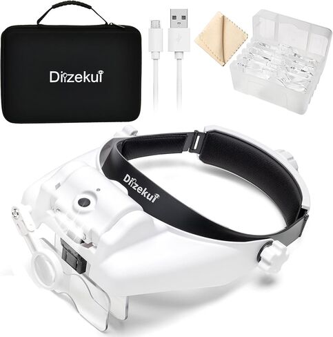 Magnifying Glass with Light 1X to 14X, Rechargeable Headband Magnifier with Carry Case, Head Mount Magnifying Glasses with 6 Lens, Head Magnifying Visor for Close Work Reading Cross Stitch in Kuwait