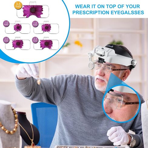 Magnifying Glass with Light 1X to 14X, Rechargeable Headband Magnifier with Carry Case, Head Mount Magnifying Glasses with 6 Lens, Head Magnifying Visor for Close Work Reading Cross Stitch in Kuwait