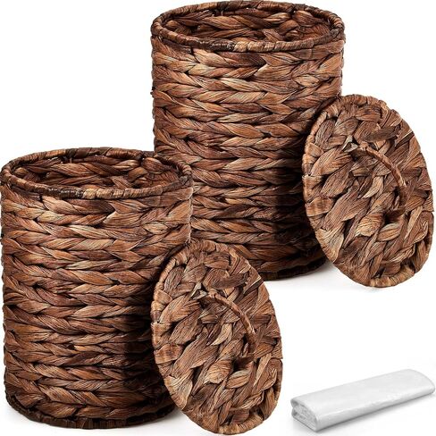 Ctosree 2 Pcs Wicker Trash Can Basket Woven Waste Basket with Lid Bathroom Wastebasket Garbage Bin with 100 Pieces of Trash Bags for Bedroom Farmhouse Home Office Kitchen(Brown, Small) in Saudi Arabia