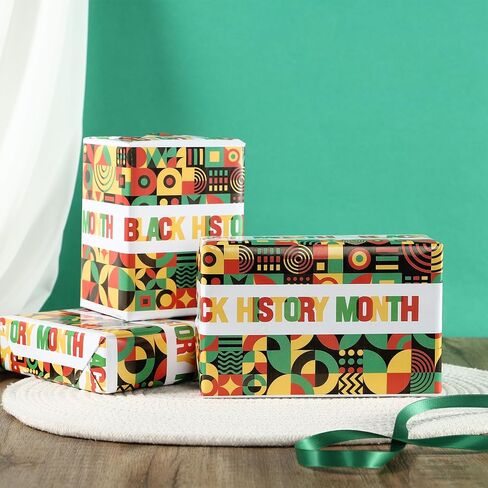 RUSPEPA Black History Month Wrapping Paper Roll, Mini Roll, 17 Inches x 16.4 Feet, Black, Green Red Yellow Geometry Pattern Design Gift Wrap Paper, Bright Colors for African BHM Festival Holiday Party in Saudi Arabia