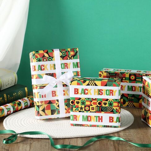 RUSPEPA Black History Month Wrapping Paper Roll, Mini Roll, 17 Inches x 16.4 Feet, Black, Green Red Yellow Geometry Pattern Design Gift Wrap Paper, Bright Colors for African BHM Festival Holiday Party in Saudi Arabia