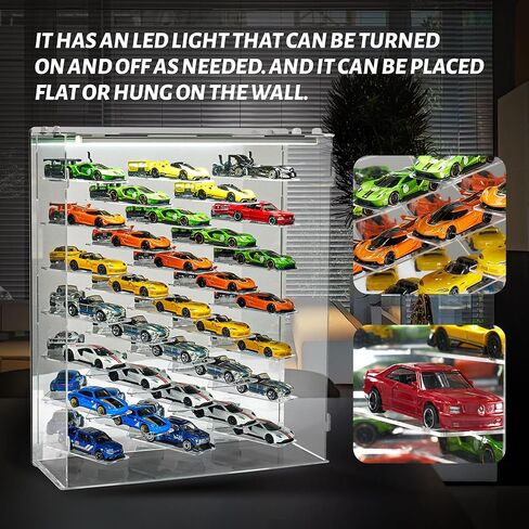 Display Case for Hot Wheels with Lights and Acrylic Cover 1/64 Display Case 45 Degree Angle Toy Cars Storage Case Hold 33 Cars Storage Case for Hot Wheels Gifts for Hot Wheels Collector (Silver) in Saudi Arabia