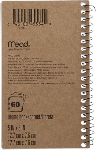 Mead Memo Book, College Ruled, 5 x 3 Inches, Wirebound, 60 Sheets, Assorted (45534) in Kuwait
