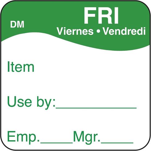 DayMark Safety Systems DissolveMark IT110073 Day of The Week Dissolvable Label, FRI, Item/Use by/EMP/MGR, 1" x 1" Green Roll of 500 in Saudi Arabia
