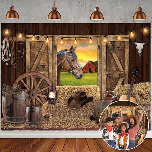 Western Cowboy Backdrop West Rustic Wooden House Farm Barn Door Photography Background for Kids Adults Wild Cowboy Theme Birthday Party Decorations Banner (82x59 inch (7x5FT)) in Kuwait