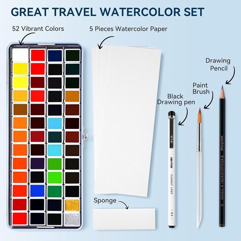 MeiLiang 52 Watercolor Paint Set, Travel Watercolors Set with Drawing Pencil, Paint Brushes, 5 Watercolor Paper, Sponge & Black Drawing Pens, Water Colors Paint for Adults, Art Supplies, Blue Case in Saudi Arabia