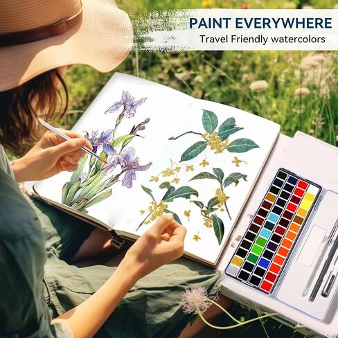 MeiLiang 52 Watercolor Paint Set, Travel Watercolors Set with Drawing Pencil, Paint Brushes, 5 Watercolor Paper, Sponge & Black Drawing Pens, Water Colors Paint for Adults, Art Supplies, Blue Case in Saudi Arabia