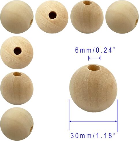 50 Pieces Unfinished Round Wood Beads with Hole, Natural Wood Loose Spacer Beads for DIY Crafts, Garlands, Jewelry Making (30mm) in Kuwait