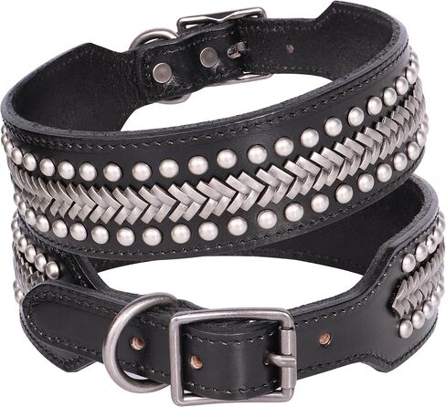 PET ARTIST Soft Leather Dog Collars for Medium Dogs, Luxury Genuine Leather Dog Collar with Rivet Studded, 2 inch Wide Heavy Duty Dog Collar Adjustable for Pit Bull Great Dane Fit 15-18" in Kuwait