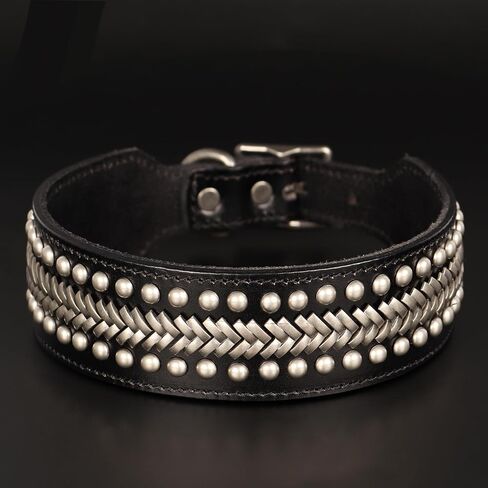 PET ARTIST Soft Leather Dog Collars for Medium Dogs, Luxury Genuine Leather Dog Collar with Rivet Studded, 2 inch Wide Heavy Duty Dog Collar Adjustable for Pit Bull Great Dane Fit 15-18" in Kuwait