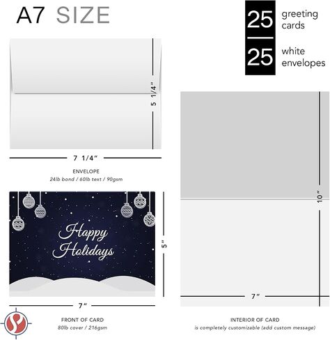 Blue Happy Holidays – Blank Fold Over Greetings Cards and Envelopes for Christmas and New Year’s Greetings, Invitations, Announcements, Gifts and Presents | 25 per Pack | 5 x 7" (When Folded) in Saudi Arabia