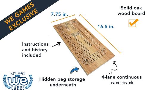 WE Games 4 Player Wooden Cribbage Board, Solid Natural Wood 4 Track Board, Plastic Pegs and Instructions, Card Games for Families and Adults in Saudi Arabia