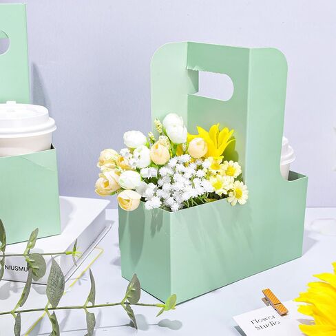 Whaline Pink Kraft Flower Gift Bags 20Pcs Valentine's Day Drink Carriers with Handle to 2 Cup Floral Wrap Packing Box Paper Holder Baskets for Christmas Wedding Baby Shower Birthday Party Decor in Saudi Arabia