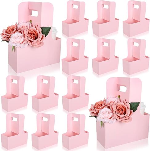 Whaline Pink Kraft Flower Gift Bags 20Pcs Valentine's Day Drink Carriers with Handle to 2 Cup Floral Wrap Packing Box Paper Holder Baskets for Christmas Wedding Baby Shower Birthday Party Decor in Saudi Arabia