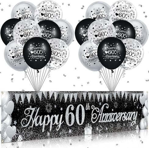 Black Silver Wedding Anniversary Decorations Black Silver Happy Anniversary Yard Banner and 18Pcs Silver Happy Wedding Anniversary Balloons for Black and Silver Wedding Anniversary Party Decorations in Kuwait
