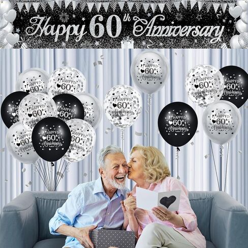 Black Silver Wedding Anniversary Decorations Black Silver Happy Anniversary Yard Banner and 18Pcs Silver Happy Wedding Anniversary Balloons for Black and Silver Wedding Anniversary Party Decorations in Kuwait