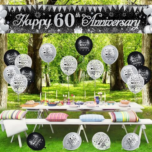 Black Silver Wedding Anniversary Decorations Black Silver Happy Anniversary Yard Banner and 18Pcs Silver Happy Wedding Anniversary Balloons for Black and Silver Wedding Anniversary Party Decorations in Kuwait