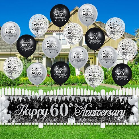 Black Silver Wedding Anniversary Decorations Black Silver Happy Anniversary Yard Banner and 18Pcs Silver Happy Wedding Anniversary Balloons for Black and Silver Wedding Anniversary Party Decorations in Kuwait
