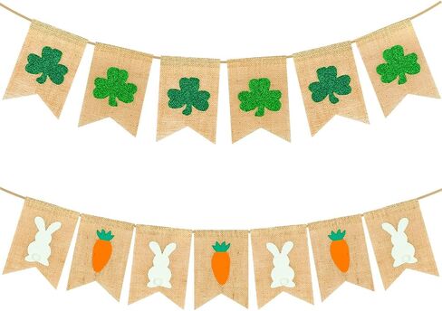 Whaline St. Patrick's Day Banner Easter Banner with String Green Shamrock Prints Burlap Banner Easter Bunny Carrot Hanging Bunting Garland No DIY Required for Holiday Party Supplies Home Decoration in Saudi Arabia