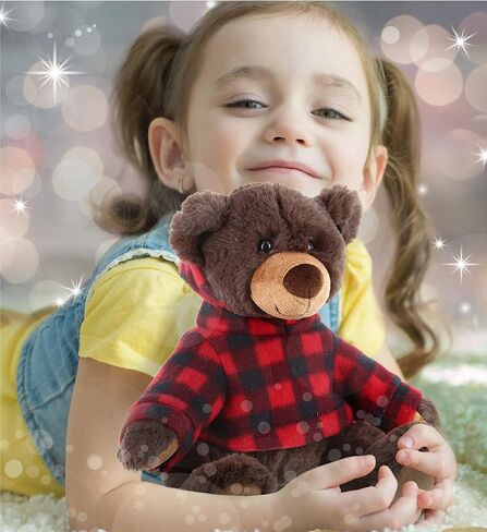 دب بني من القطيفة من دوليبو مع هوديي منقوش باللون الأحمر - دب بني للحياة البرية ناعم وقابل للاحتضان، دب بني حديقة الحيوانات رائعتين في وقت اللعب، هدية لطيفة للاحتضان للأطفال والكبار in Kuwait