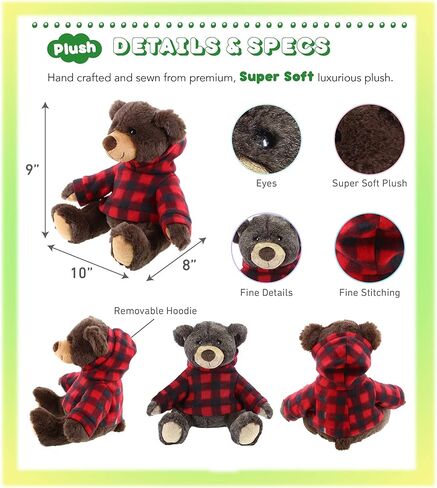 دب بني من القطيفة من دوليبو مع هوديي منقوش باللون الأحمر - دب بني للحياة البرية ناعم وقابل للاحتضان، دب بني حديقة الحيوانات رائعتين في وقت اللعب، هدية لطيفة للاحتضان للأطفال والكبار in Kuwait