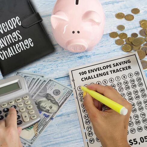 100 envelopes money saving challenge Flownwing Money Saving Challenge Book with money saving binder and monthly budget planner the best for finance planner live!! (Blue) in Saudi Arabia