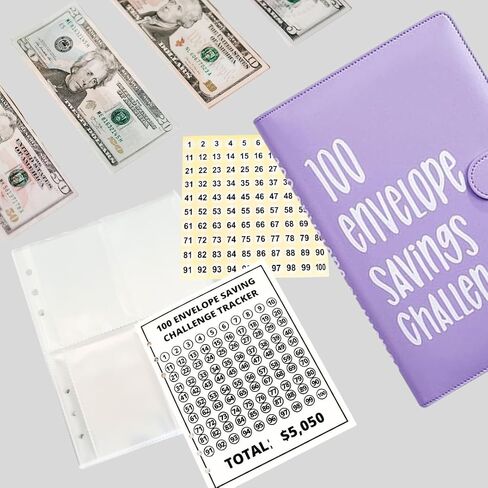 100 envelopes money saving challenge Flownwing Money Saving Challenge Book with money saving binder and monthly budget planner the best for finance planner live!! (Blue) in Saudi Arabia