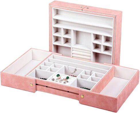 درج منظم المجوهرات، إدراجات تخزين حامل مجوهرات مخملية قابلة للسحب، علبة عرض مجوهرات قابلة للتكديس لملحقات تكديس خزانة الملابس (وردي) in Kuwait