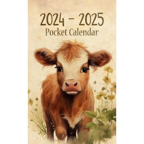 Pocket Calendar 2024-2025 For Purse: 2 Year Small Size 4 x 6.5 inches - Vintage Cow Design
