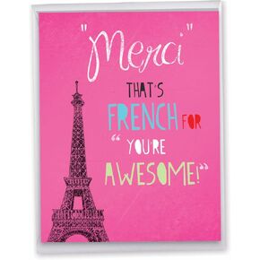 NobleWorks - Beautiful Thank You Card with Envelope (XL 8.25 x 9.75 Inch), Floral Paris, All Occasion Thank You Notecard - Merci That's French for You're Awesome J2567TYG