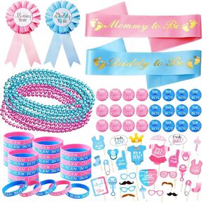 DoreenBow 106Pcs Baby Gender Reveal Party Supplies Favors Boy or Girl Baby and Blue Gender Reveal Button Pin Silicone Bracelets Necklace Badge Pin Shoulder Straps Photo Props for Gender Reveal
