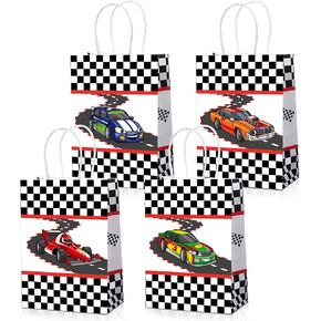 24 Pieces Racing Party Bags Race Car Birthday Favor Bags Car Goodie Paper Bags Sports Car Treat Bags with Handles Checkered Car Flag Candy Bags for Racing Car Themed Birthday Supplies